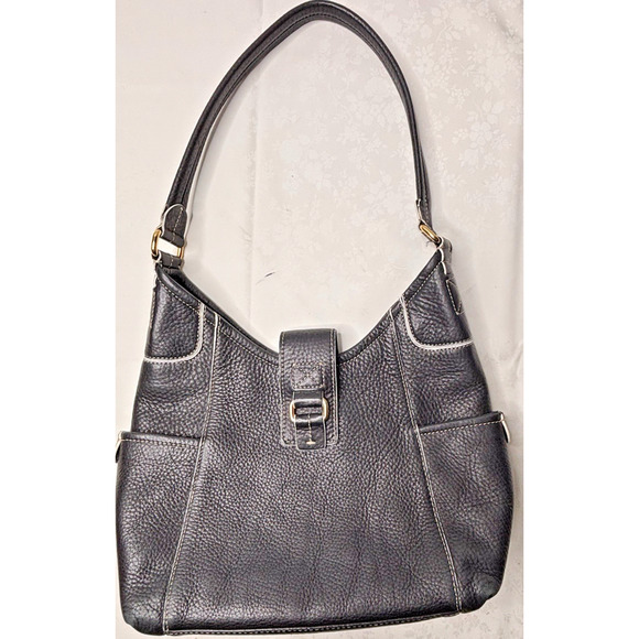Fossil Black Pebbled Leather Shoulder Bag Purse Hobo Tote w/ Buckle & Contrast S - Picture 3 of 13